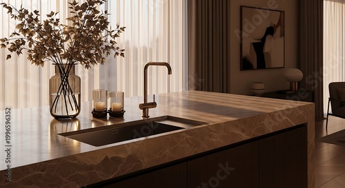 Elegant kitchen island featuring a luxurious marble countertop with a modern integrated sink and bronze faucet in a sunlit contemporary home interior