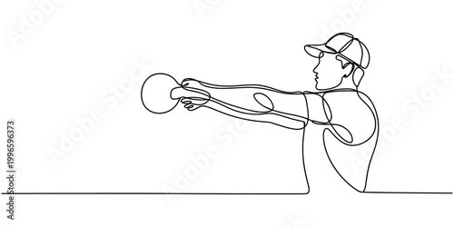 Man in cap doing kettlebell exercise with one arm fitness in white background