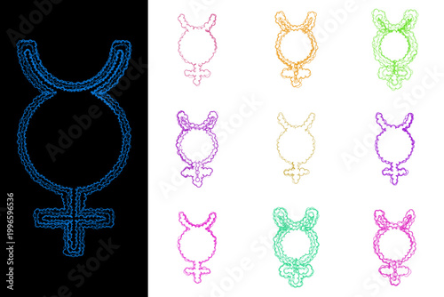 Set of colorful Mercury astrological symbols for mystical alchemy and zodiac birth chart design