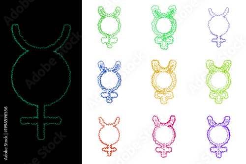 Hand-drawn Mercury astrological symbols in various colors for alchemy and witchcraft journals