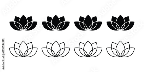 Lotus flowers vector icons in black line design expressing calm relaxation harmony symbol for yoga spa wellness branding and decorative use