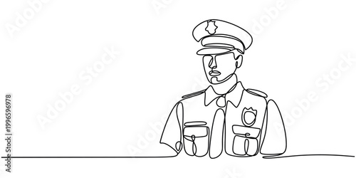 Police officer in uniform sitting at desk wearing service cap and badge in white background
