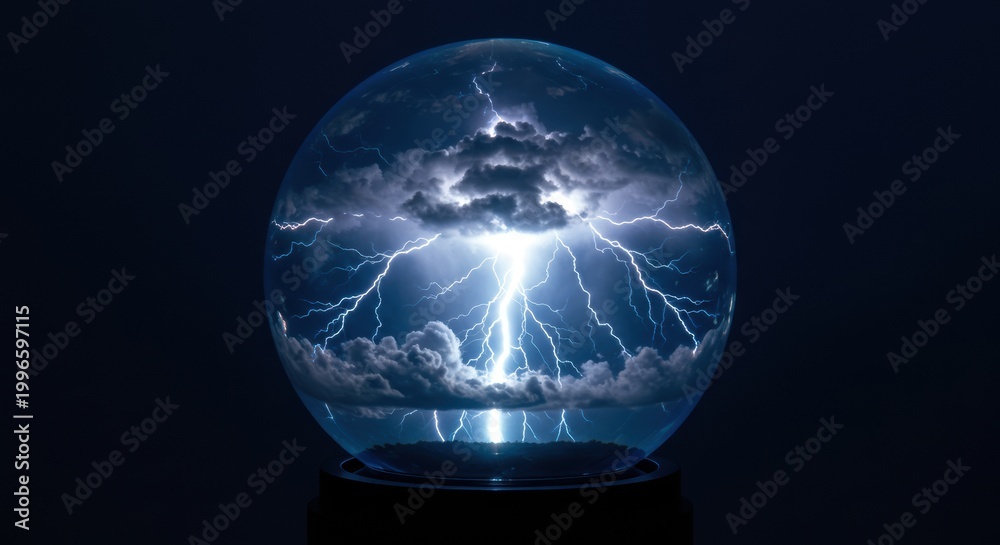 Fototapeta premium A 3D hologram of a thunderstorm contained in a sphere, with lightning flashes and swirling clouds of light.