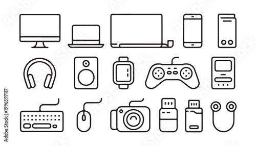 Computer hardware and digital device collection featuring outline icons for various modern electronic equipment.