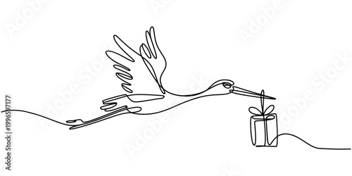 Stork flying with gift box in beak one line one line continuous line black and white