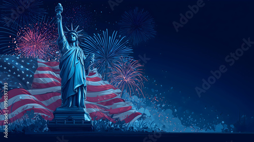 Statue of Liberty with American Flag and Fireworks at Night
