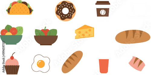 Flat food icon set with breakfast and lunch items including taco, donut, coffee, salad, bread, cheese, egg and dessert vector illustration collection