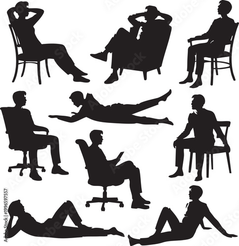 a collection of silhouettes depicting people in different postures, including sitting in chairs and lying down, conveying relaxation and comfort