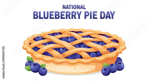 Overhead vector illustration featuring a delicious homemade blueberry pie with a lattice crust and fresh blueberries, set against a clean white background to celebrate National Blueberry