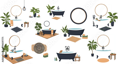 Modern bathroom interior set with bathtubs, mirrors, plants and decor accessories, cozy spa style home design collection in flat vector illustration