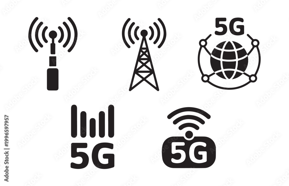 Fototapeta premium Set of black 5g connectivity icons including transmission towers globes signals and various network speed symbols.