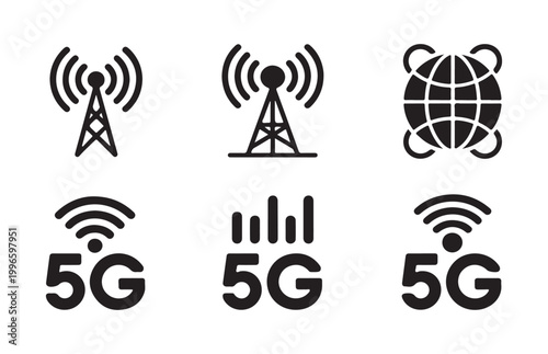 Set of black 5g network related icons displaying signal towers connection globes and wireless communication symbols.