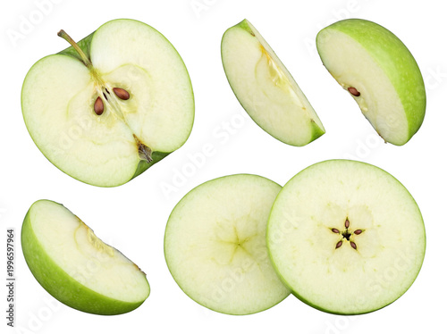 Tableau sur toile Collection of fresh green apple pieces, including halves, wedges, and circular slices