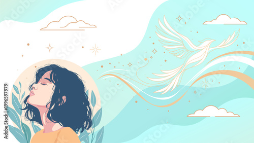 Mental health concept banner featuring a peaceful woman and a flying phoenix. Symbolizes emotional rebirth, hope, resilience, and the journey toward inner peace and psychological healing. Inner peace
