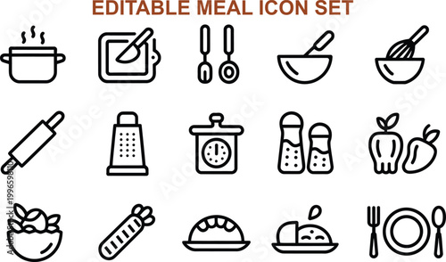 Collection of editable meal icons representing cooking utensils and ingredients for food preparation