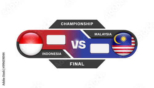 Scoreboard or element templates for designing football matches or other sports competitions between Indonesia and Malaysia, vector 3d isolated on white background for sport advertising design