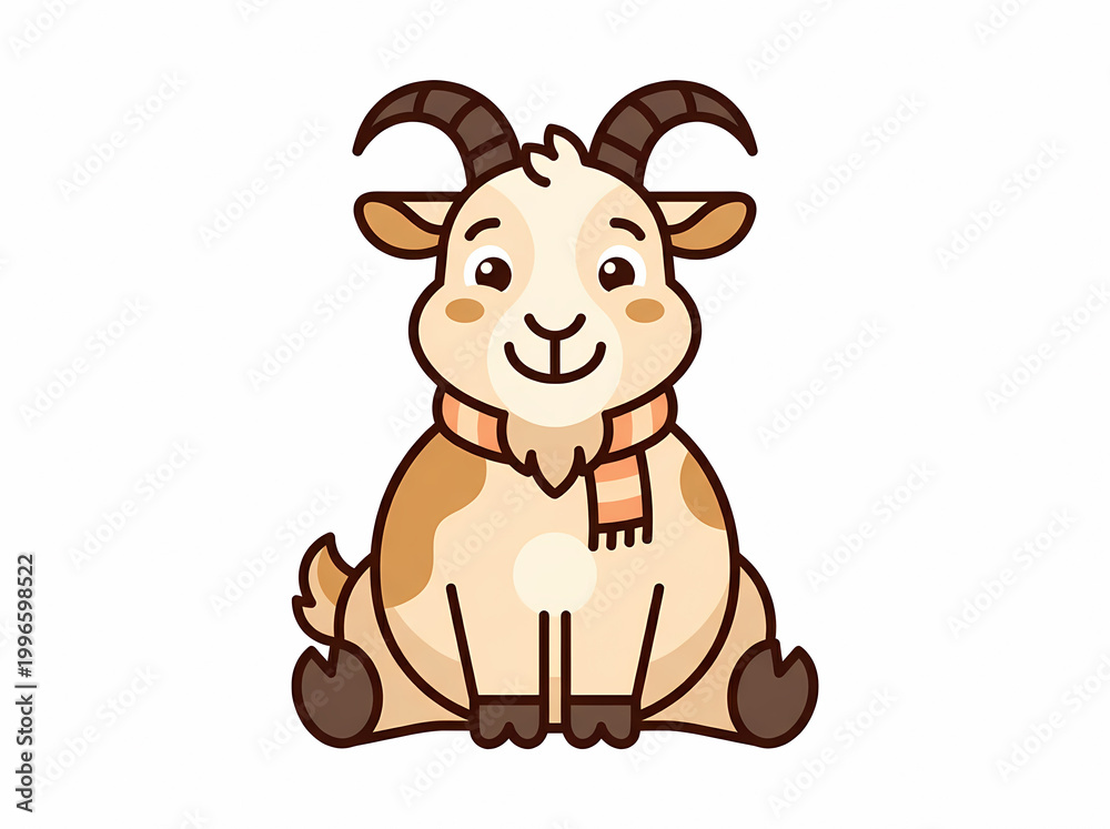 Fototapeta premium Cute cartoon goat character wearing a scarf sitting on a white background.