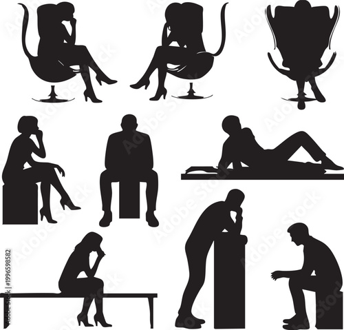 A collection of silhouettes depicting people in different sitting and lying poses on chairs, benches, and blocks, conveying emotions and moods. Suitable for use in marketing, advertising, and educatio