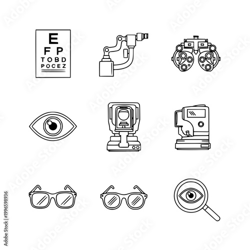 Optometry Icons: Eye Chart, Glasses, Magnifying Glass