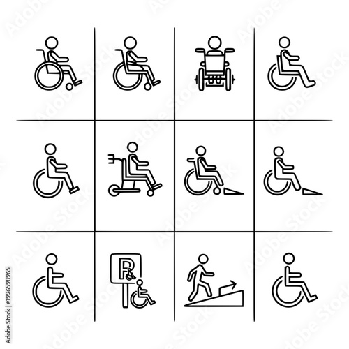 Wheelchair accessibility icons, line art
