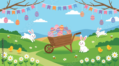 Easter Spring Celebration Illustration with Rabbits and Wheelbarrow of Decorative Eggs in Garden Meadow