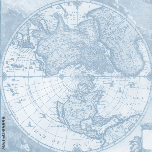 Vintage Blue World Map Polar Projection Background
