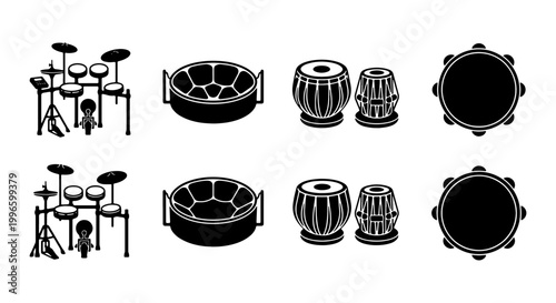 Fotografie Set of Professional Percussion and World Music Instrument Silhouettes Including