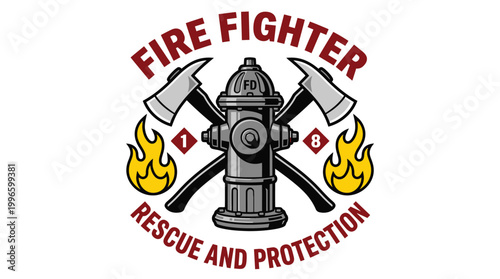 Firefighter rescue and protection emblem with fire hydrant crossed axes and flames illustration