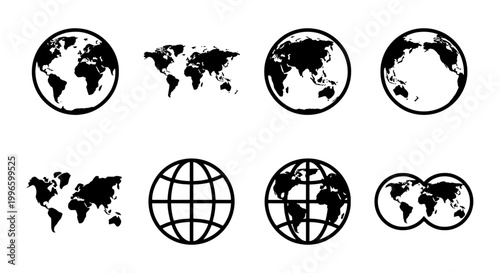 Fényképezés Global Map Icons Set, World Earth Globes Collection, Continents Geography Vector