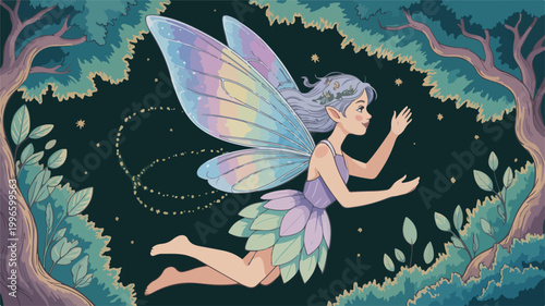 Beautiful fairy with rainbow wings flying through enchanted forest