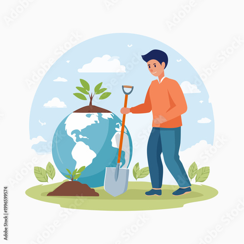 Man planting a tree on planet Earth