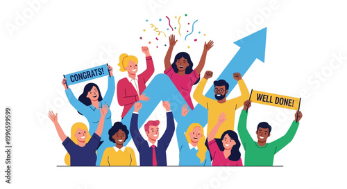 Diverse group of people celebrating success with signs and confetti.