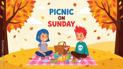 Children Having Picnic in Autumn Park Vector Illustration for Family Lifestyle and Seasonal Outdoor Activities Concept