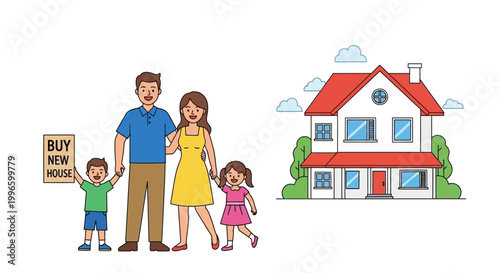 Happy family with two children standing next to their new house holding buy sign.