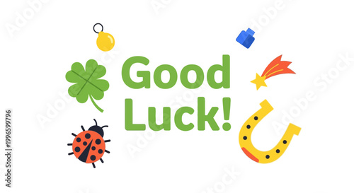 Good luck wish with lucky symbols including four-leaf clover ladybug horseshoe and shooting star.