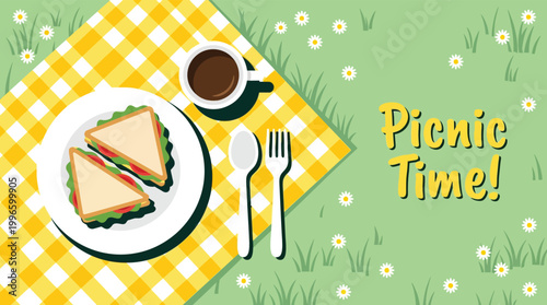 Flat vector illustration of a healthy picnic meal with sandwiches and coffee on a yellow checkered blanket in a sunny meadow