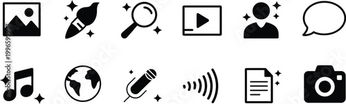 AI, generated audio and media icon set with sparkle star magic pencil symbols, generative tools for music image creation, creative technology vector design.