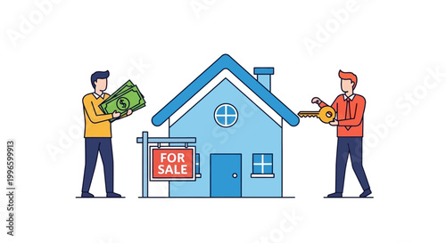 Illustration of a house for sale with two men exchanging money and keys.