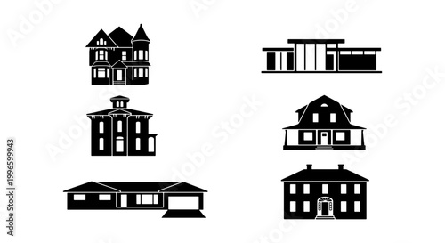 Obraz na płótnie Diverse Architectural Styles Collection, Six Vector House Silhouettes, Modern an