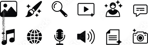 AI, generated audio and media icon set with sparkle star magic pencil symbols, generative tools for music image creation, creative technology vector design.