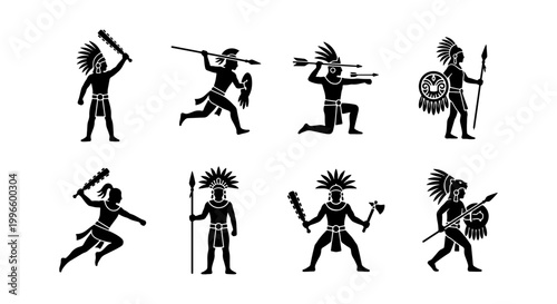 Bild auf Leinwand Native American Warrior Icons, Tribal Hunter Silhouette Set, Indigenous Warrior