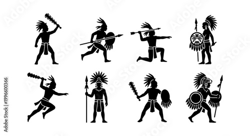 Tableau sur toile Ancient Warrior Silhouettes, Aztec Combatants with Spears and Clubs, Indigenous