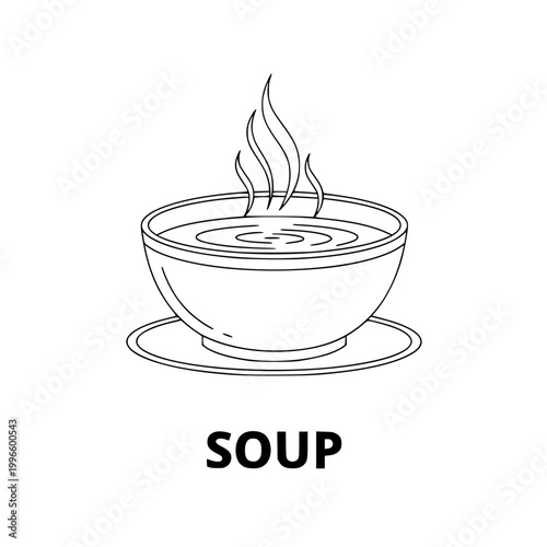 Bowl of hot soup, line art illustration