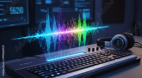 A keyboard and headphones display a vibrant sound wave on a dark desk