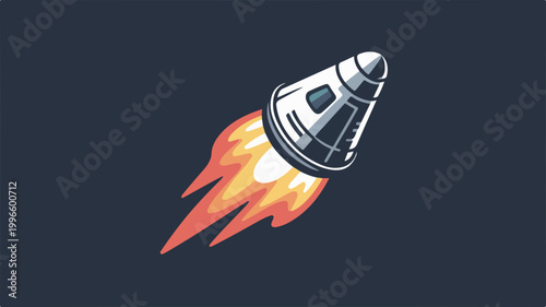Space capsule flying through dark sky with bright orange fire trail