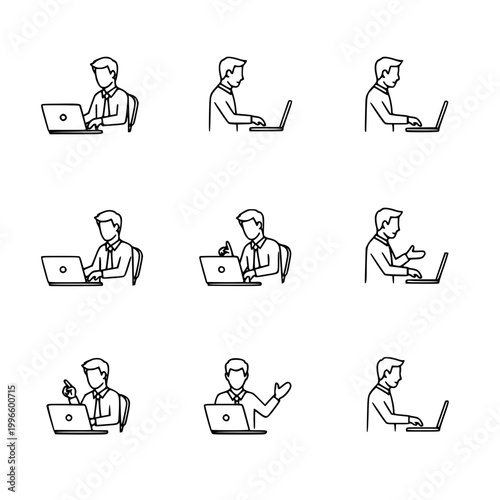 Man using laptop, set of icons