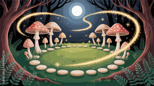 Magical fairy ring mushroom circle in moonlit forest at night