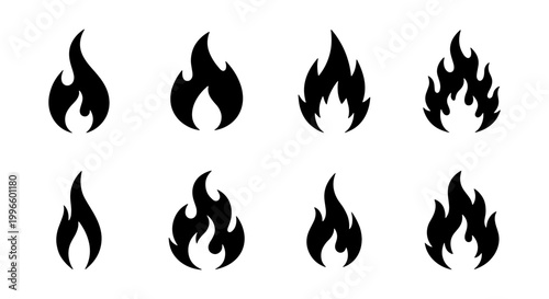 Schilderij op canvas Set of 8 Black Fire Icons, Flame Symbols, Heat and Energy Graphics, Danger Warni