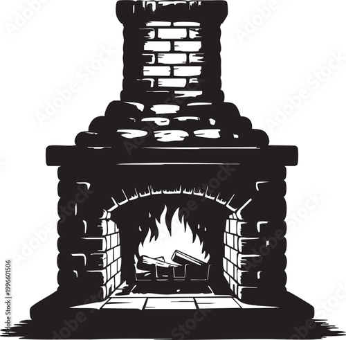 a black and white illustration of a brick fireplace with a lit fire, ideal for marketing, advertising, or educational materials