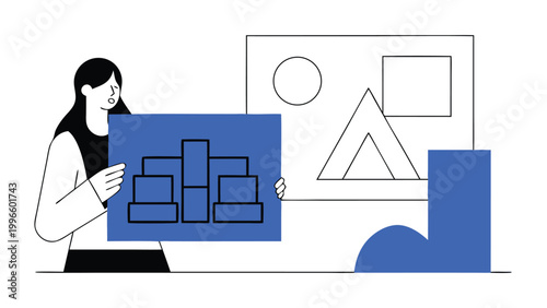 Female architect or developer holding a building blueprint with home and idea icons, concept of real estate project, urban planning, and construction strategy. Flat vector illustration isolated on whi